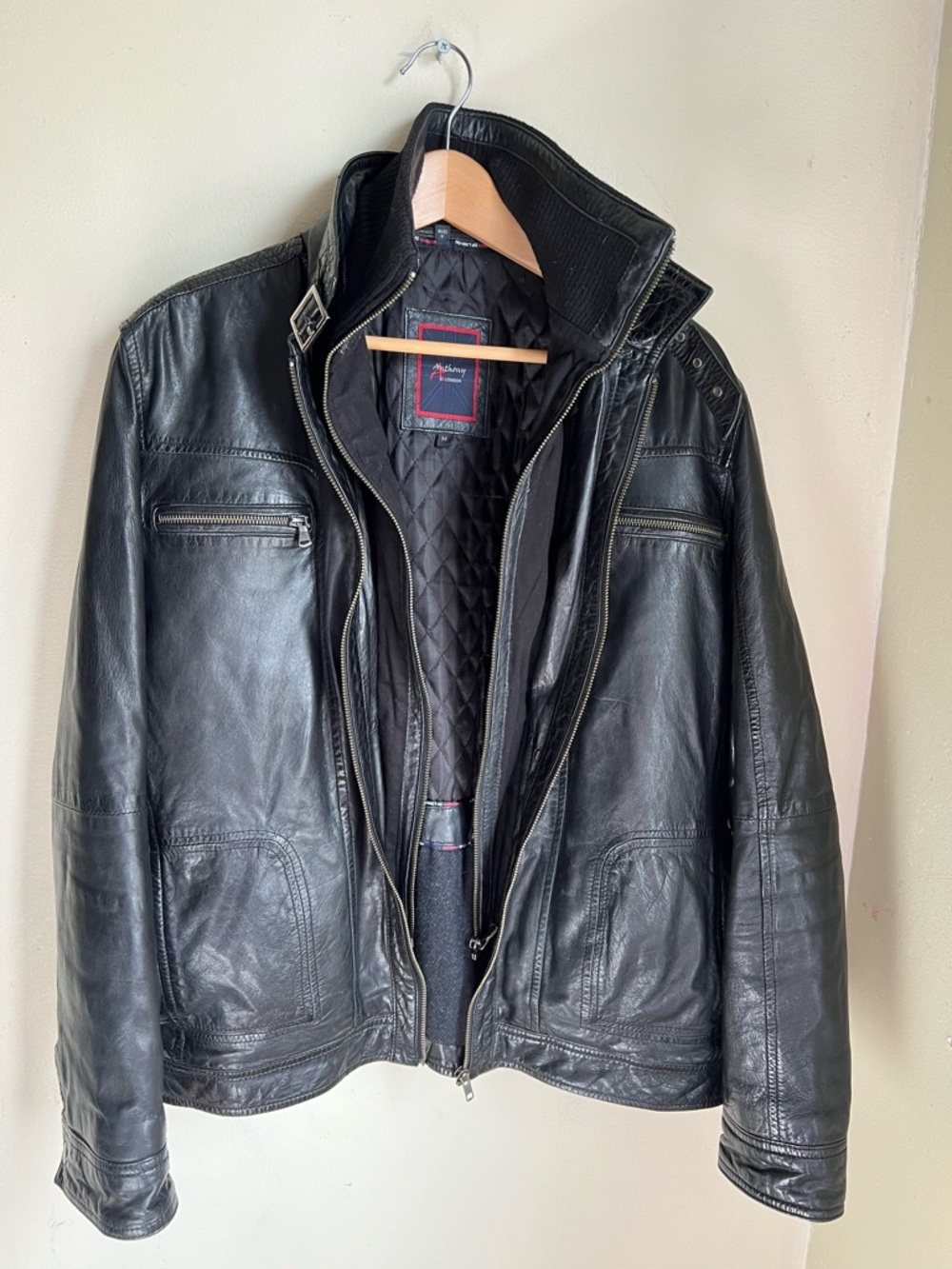 ANTHONY OF LONDON Men's Black Leather Zip-Front Jacket - Classic Moto Style